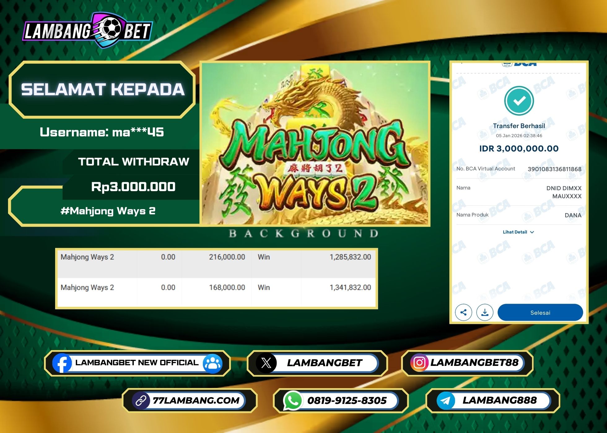 LAMBANGBET [5 JANUARI 2025] JACKPOT SLOT Mahjong Ways 2 "Rp3.000.000" LUNAS
